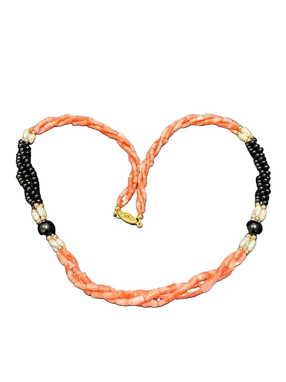 Vintage Black Onyx Coral & Cultured Pearls Beaded Necklace Multistrand 22” Long